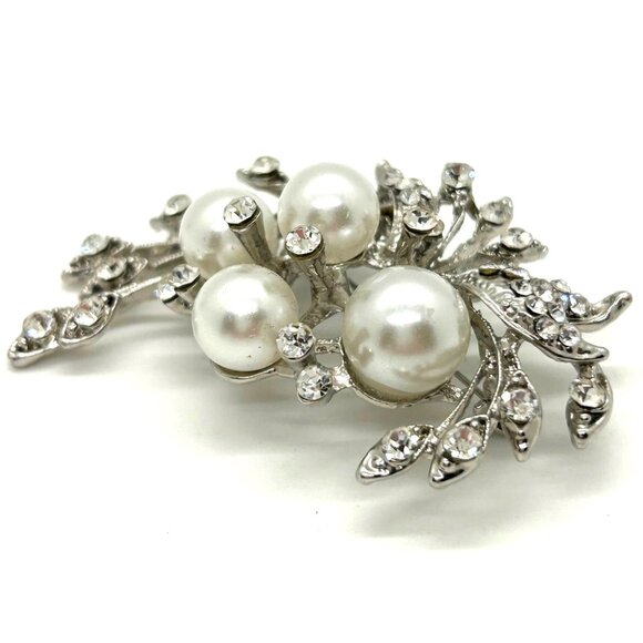 Faux Pearl & Rhinestone Brooch Silver-tone Floral Pin Glam Elegant - Picture 3 of 15